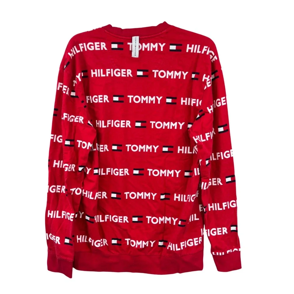 VTG Tommy‎ Hilfiger Red All Over Logo Print Long Sleeve Sleep Shirt Size L 90s